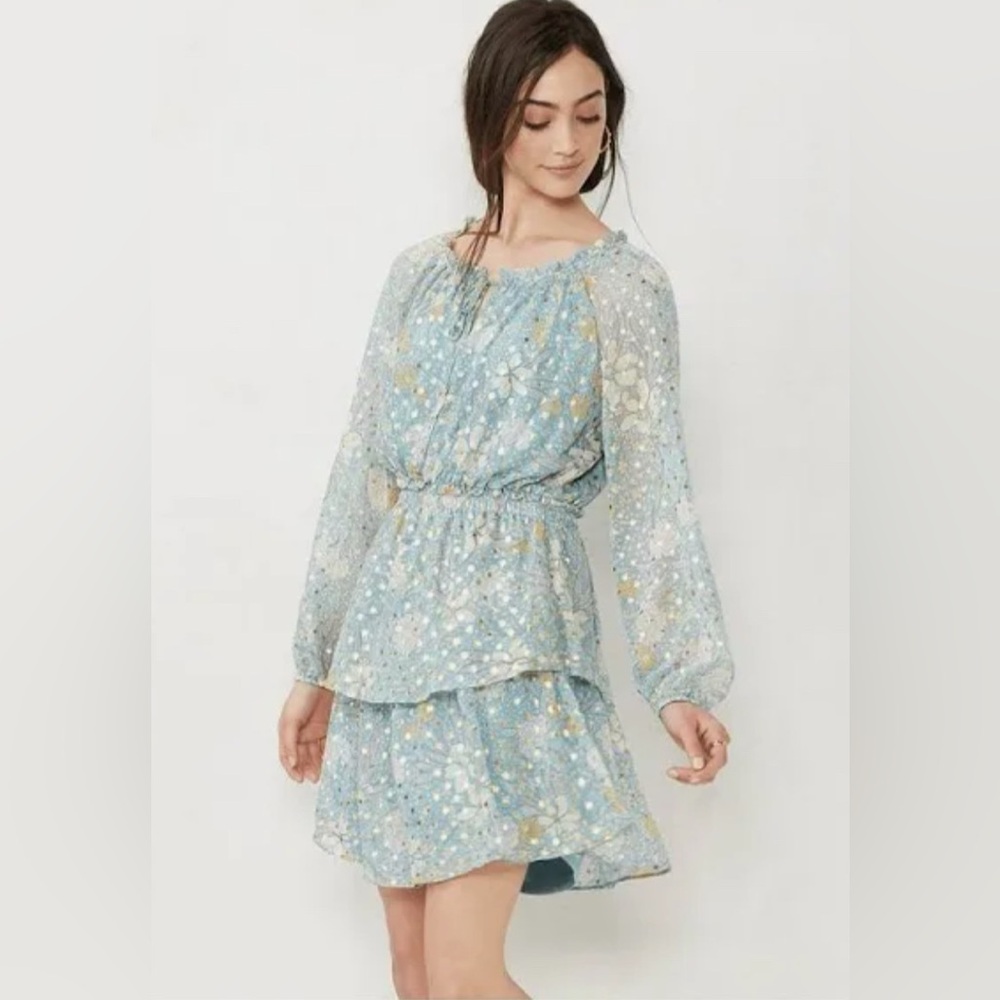 Lauren Conrad long sleeve mini peasant dress blue and gold size large